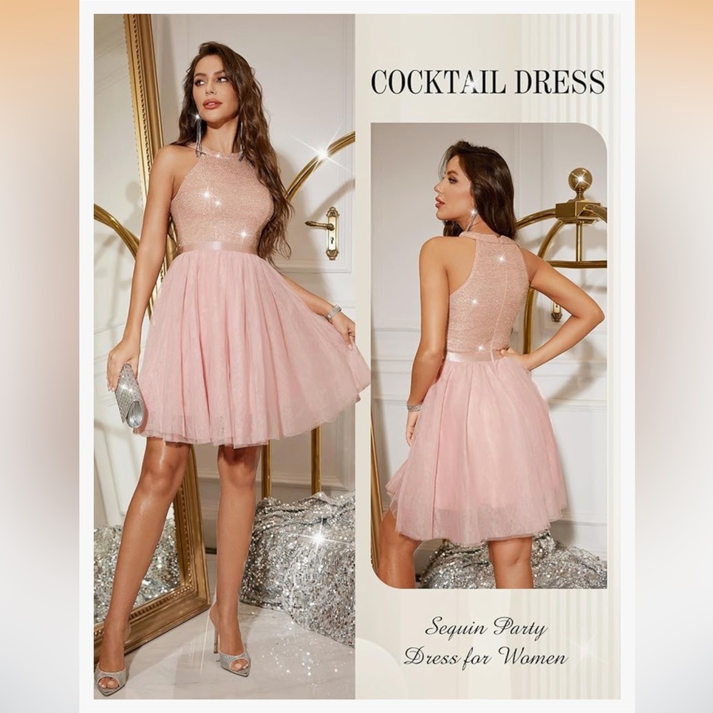 Dressystar sparkly pink halter sequins mesh skirt dress